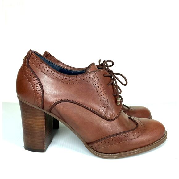 Tommy Hilfiger Shoes - TOMMY HILFIGER Oxford Shoes Womens 10 Brown Leather Stacked Heel Brogue Academia